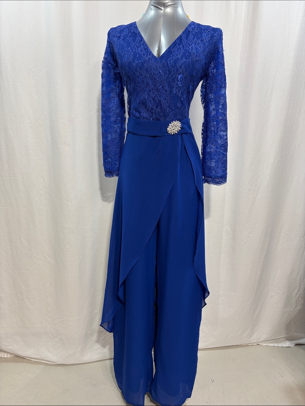 Elegant Royal Blue Lace Jumpsuit with Waist Accent Sheer Sleeve built in cups